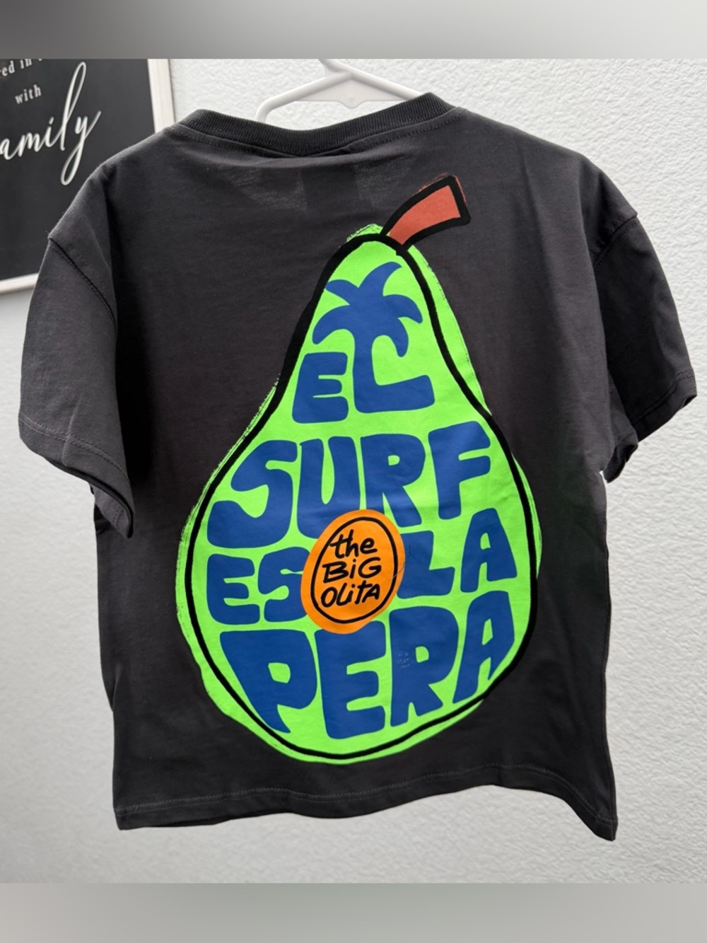 Zara Black Tee with Neon Green Pear and Blue Graphic